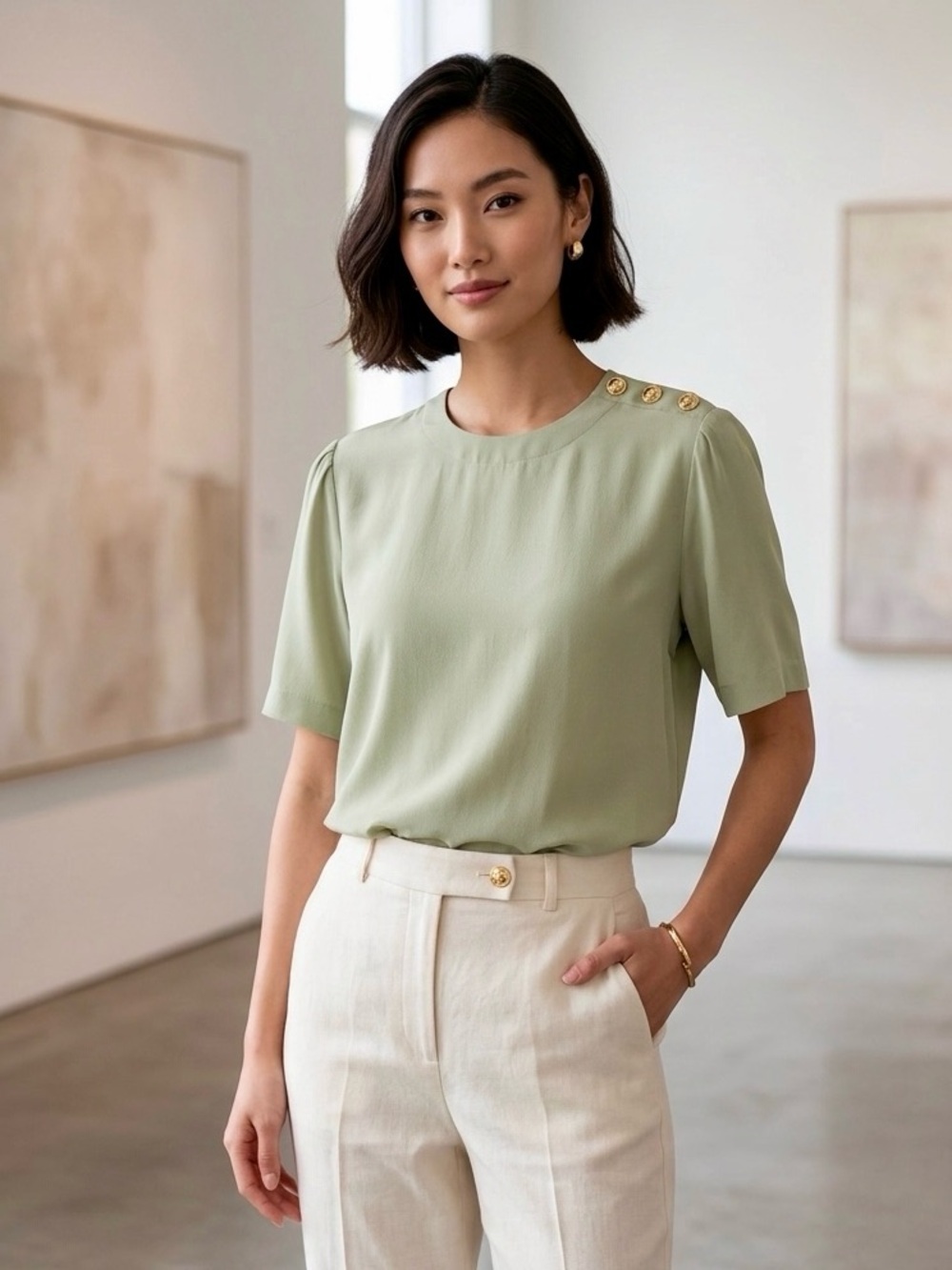 SK & Company 100% Silk Sage Green Blouse Size 12 Vintage Career Wear
